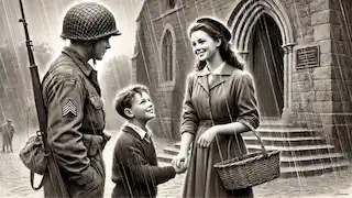 Esmé and her brother Charles stand outside the church, talking with a weary soldier as rain softly falls.