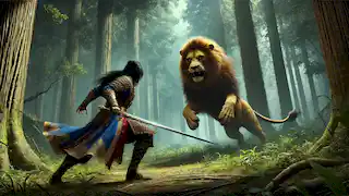 Esfandiyar battling a massive lion in a dense forest, holding his sword with determination.