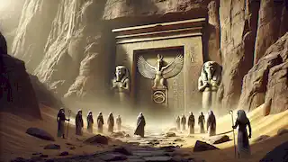 The expedition stands before a hidden tomb in the Valley of Kings, its entrance marked by a golden scarab.