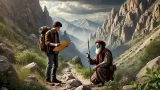 Ramin and Farhad hiking a narrow path in the Zagros Mountains with jagged cliffs and storm clouds gathering.