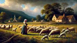 A young shepherdess tending sheep in an open field with the dark edge of a forest in the background.