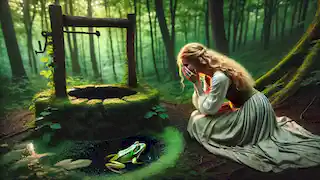 The princess kneels by the well, crying, as the frog emerges from the water.