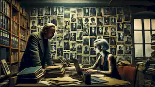 Mikael Blomkvist and Lisbeth Salander examine a wall of photos and documents in a dimly lit room.