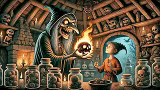 Baba Yaga handing a burning skull with fiery eyes to Vasilisa inside her hut.