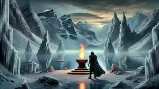 Niamh faces a cloaked figure at a frozen lake, with the glowing Heart of Winter on an ancient altar.