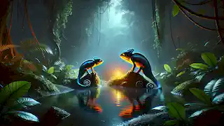 Renkor and Lyra, glowing near a moonlit pond in the jungle, their colors shifting as they converse.