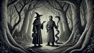 Goodman Brown meets a mysterious stranger with a serpent-like staff in the dark forest, surrounded by shadows.