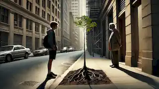 A young man stares at a small tree growing between buildings, reflecting on the old man’s words about love in the world around him.