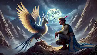 Rostam consults with the mythical Simurgh on a moonlit mountain, seeking guidance.