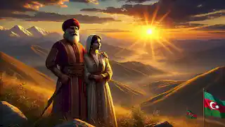 Köroğlu and Nigar, older and wiser, stand together on a mountain peak at sunset, reflecting on their legacy.