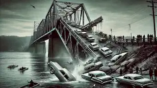 The Silver Bridge collapses into the Ohio River, with cars and people caught in the disaster during rush hour.