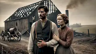 Wilhelm and Amélie stand together before their burned barn, determined to rebuild amidst hardship in 19th-century Lorraine.