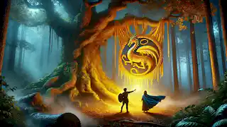 Jason and Medea stand before the glowing Golden Fleece, which hangs from an oak tree in a mystical forest, guarded by a dragon.