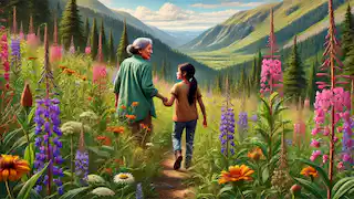 Maya and her grandmother hike on a mountain trail surrounded by wildflowers and greenery.