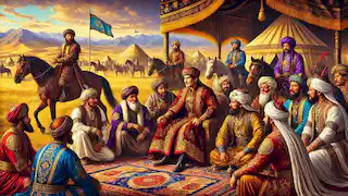 Bakhtiyar Khan negotiating with rival tribal leaders, seated in a semi-circle on the golden steppe under a bright sky.