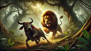 The mighty lion Shere charges at the ox Dimna in a dense jungle, creating a tense scene.