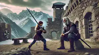 A young girl trains with a sword in a snowy mountain stronghold, observed by an older warrior.