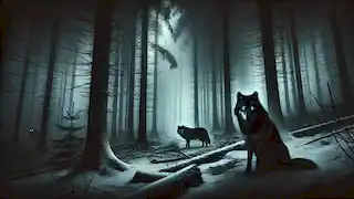 A dark, eerie forest with snow-covered ground, where wolves with glowing eyes lurk in the shadows.