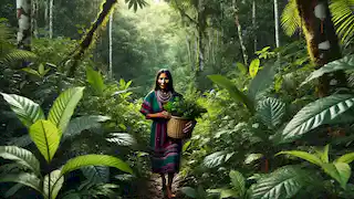 Caboclo woman walking through the Amazon rainforest, gathering medicinal plants with a woven basket in hand.