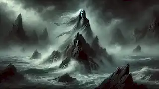 A mysterious hag stands atop a jagged rock surrounded by mist, with stormy waves crashing below.