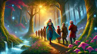 Elara leads grateful travelers through the enchanted forest, surrounded by glowing trees and magical streams.