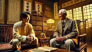 Yu Tsun meets Dr. Albert in a warm study filled with books and Chinese scrolls during an important discussion.