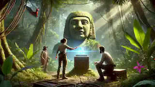 Dr. Elena Marquez and Diego activate a mechanism with sunlight in a jungle clearing near a stone idol.