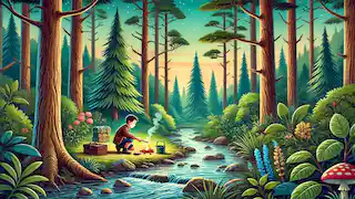 Pi setting up camp by a stream in the forest during his personal quest, with tall trees and wildlife around.