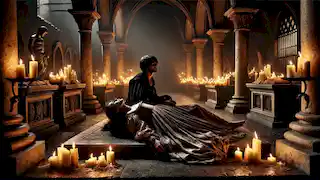 Juliet awakens to find Romeo dead beside her in the dimly lit Capulet tomb, filled with sorrow and despair.