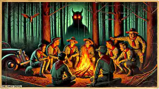 Boy Scouts around a campfire in the Pine Barrens, with glowing red eyes of the Jersey Devil watching from the dark forest.