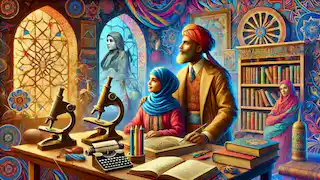 Aisha and Tariq as mentors, guiding young historians in their quest for knowledge, in a home filled with books and artifacts.