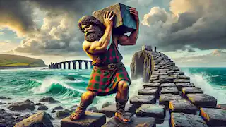 Fionn mac Cumhaill lifting basalt stones to build the Giant’s Causeway under a cloudy sky with crashing waves.