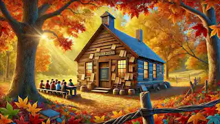 Ichabod Crane's rustic schoolhouse surrounded by autumn foliage.