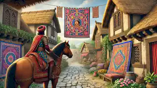 King Arnav on horseback observing tapestries in Raghav's village.