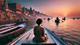 Kim on a boat ride on the Ganges River at dawn, witnessing rituals on the ghats of Varanasi.