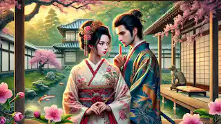 Genji and Lady Fujitsubo sharing a secretive gaze in a garden.