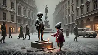 A little match-girl stands in the snow near the dull, grey statue of the Happy Prince.