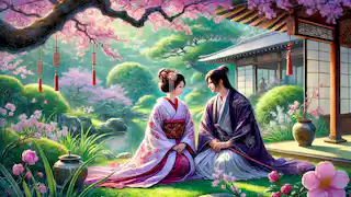 Genji and Murasaki in the gardens of the Rokujo-in.