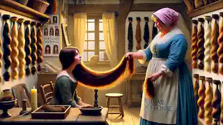 Della selling her long hair to Madame Sofronie in a small shop with hair goods displayed.