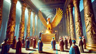 Priests in a grand temple of Heliopolis conduct a ritual, burning a golden effigy of the Bennu bird to symbolize rebirth.