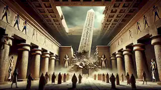 A large obelisk crumbles inside an Egyptian temple as priests and citizens watch in terror and disbelief.