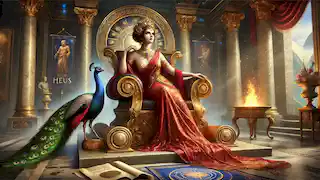 Hera in her throne room with a celestial peacock, planning her revenge with scrolls and divine artifacts on a table