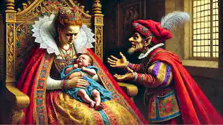 Queen holding her newborn child, looking distressed as the strange little man demands the baby in a richly decorated chamber.