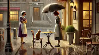 American woman stands disappointed outside the hotel, looking where the cat had been, with a maid holding an umbrella.