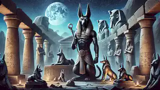 Anubis stands watch over an Egyptian tomb under the night sky, surrounded by stone statues and hieroglyphs.