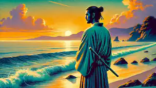 Genji in exile at Suma, standing on a rocky shore.