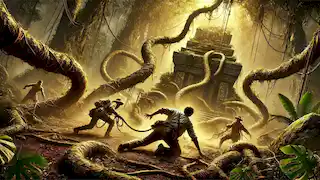 Thick vines rise from the ground and entangle the explorers near a cursed stone altar in the jungle.