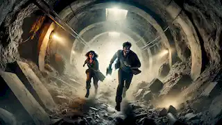 Emma and Stern flee through collapsing tunnels as debris falls, illuminated by their frantic headlamps.