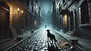 A black dog standing in a dimly lit alley at night, with cobblestones and shadows from surrounding buildings