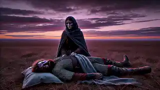 Bayan-Sulu mourns beside the gravely wounded Kozi-Korpesh at twilight, their love persisting even in grief.